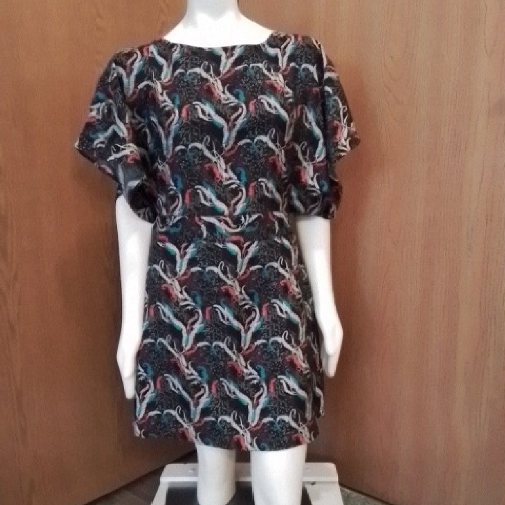 BCBGMaxAzria Polyester Black, Aqua, and Red Flutter Sleeve Dress, Size M.